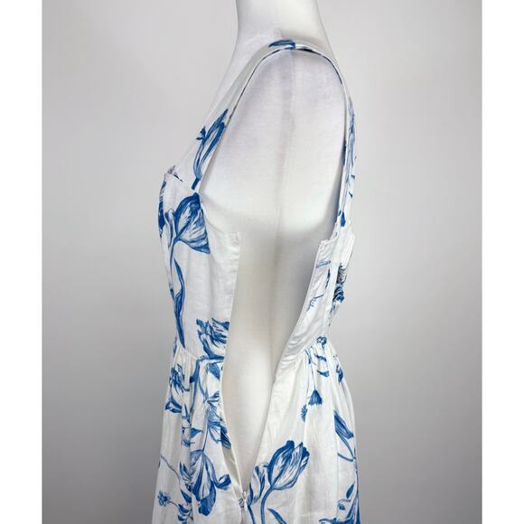 Reformation Frieda Linen Midi Dress Size 4 Blue White Floral Trad Wife Cottage - Picture 8 of 16